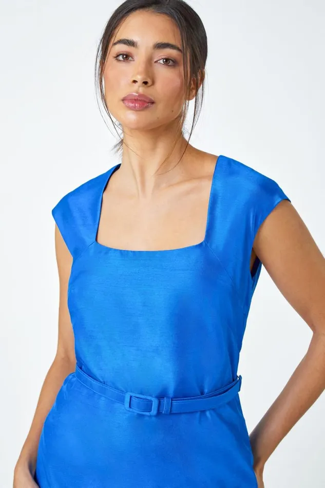 Women Royal Blue Belted Mini Shift Dress Roman Dresses