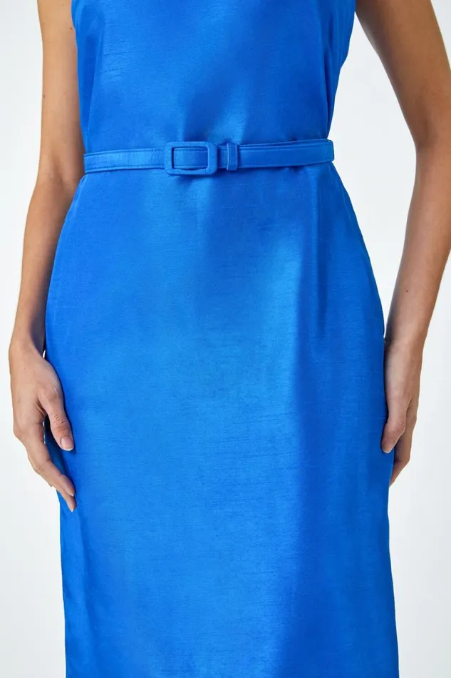 Women Royal Blue Belted Mini Shift Dress Roman Dresses
