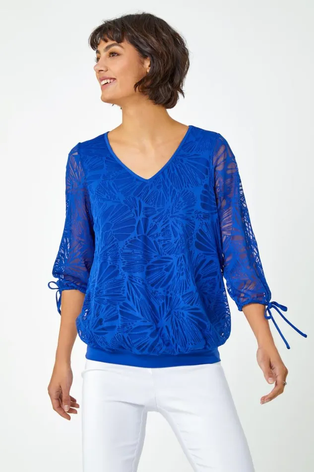 Women Royal Blue Burnout Tie Sleeve Overlay Top Roman Tops