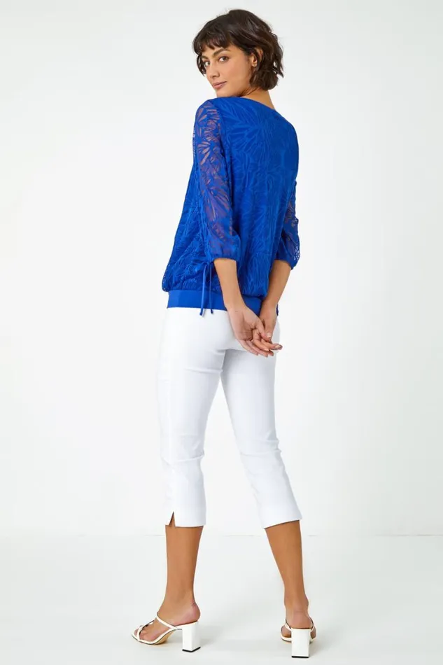 Women Royal Blue Burnout Tie Sleeve Overlay Top Roman Tops