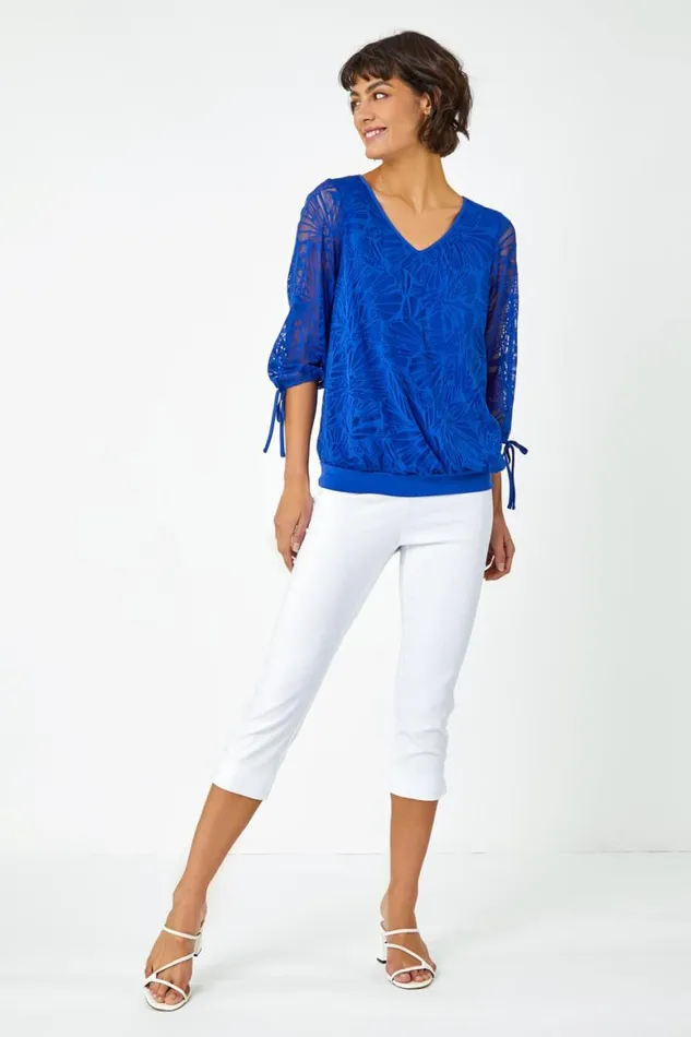 Women Royal Blue Burnout Tie Sleeve Overlay Top Roman Tops