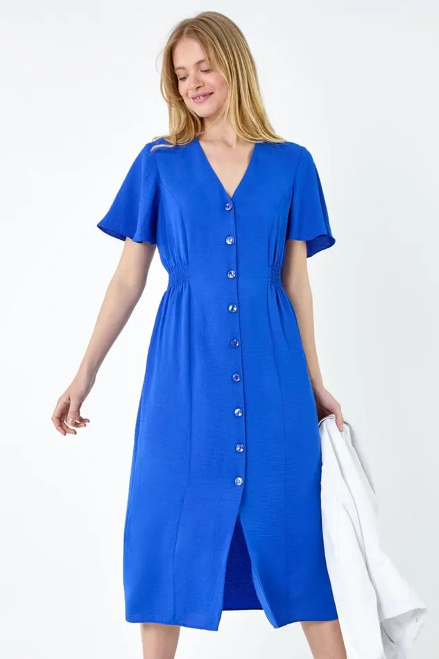 Women Royal Blue Button Through Shirred Midi Dress Roman Dresses