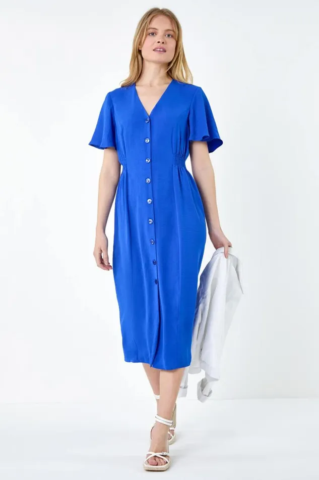 Women Royal Blue Button Through Shirred Midi Dress Roman Dresses