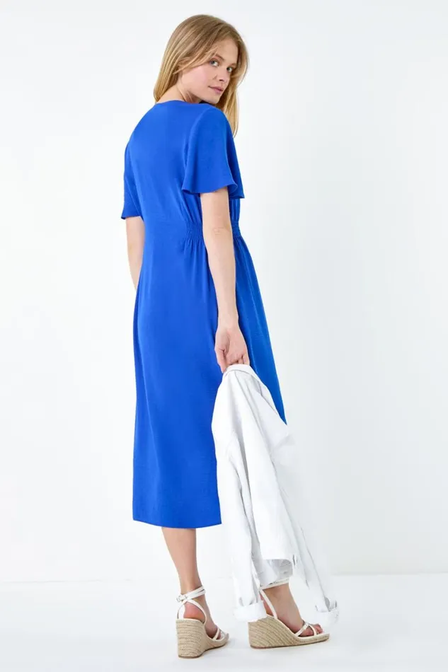 Women Royal Blue Button Through Shirred Midi Dress Roman Dresses