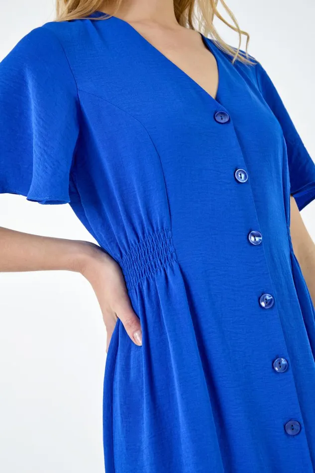 Women Royal Blue Button Through Shirred Midi Dress Roman Dresses