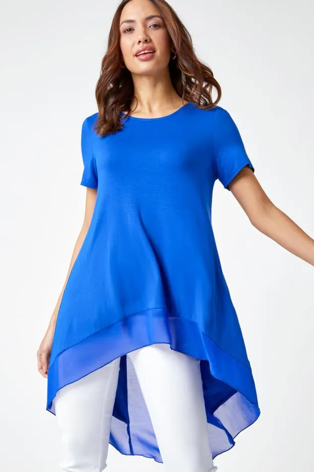 Women Royal Blue Chiffon Dipped Hem Asymmetric Tunic Top Roman Tops