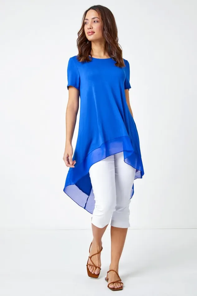Women Royal Blue Chiffon Dipped Hem Asymmetric Tunic Top Roman Tops