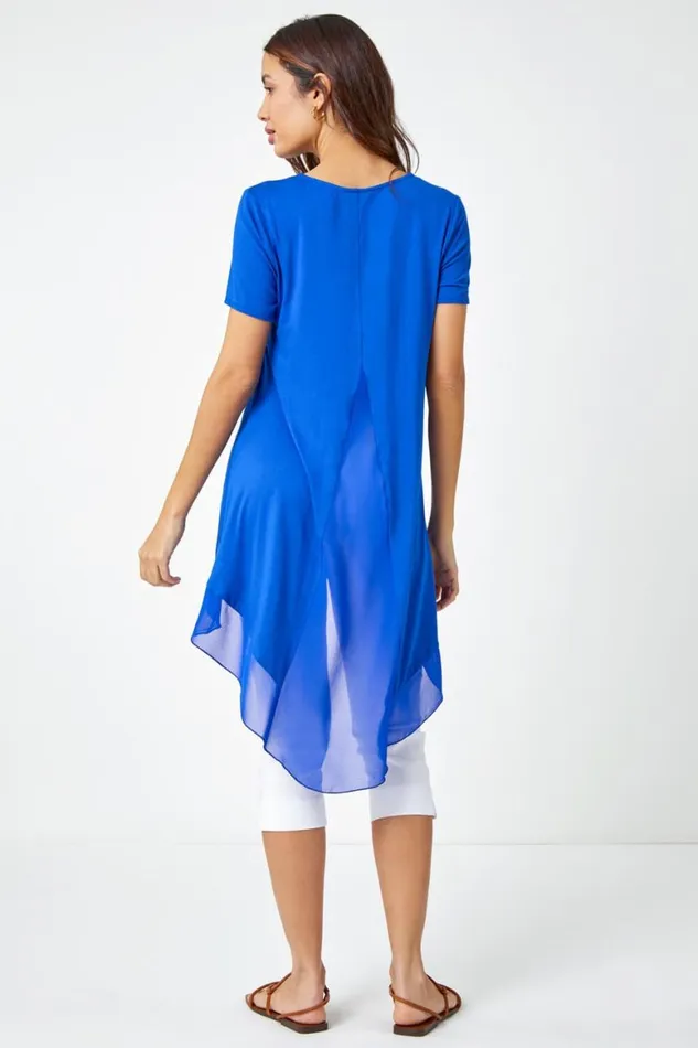 Women Royal Blue Chiffon Dipped Hem Asymmetric Tunic Top Roman Tops