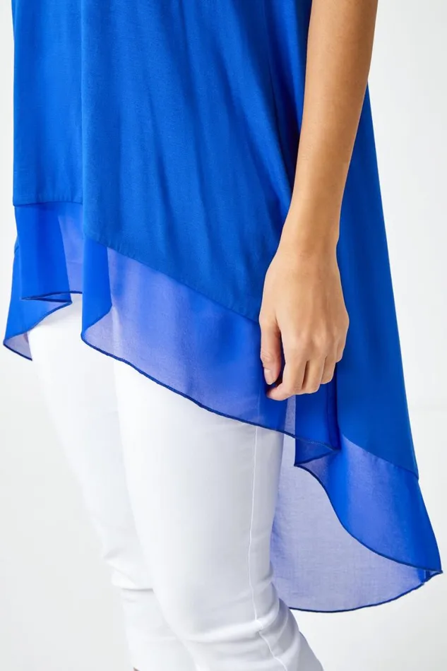 Women Royal Blue Chiffon Dipped Hem Asymmetric Tunic Top Roman Tops