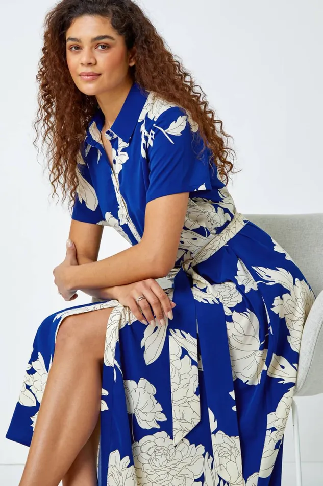 Women Royal Blue Contrast Floral Print Shirt Dress Roman Dresses