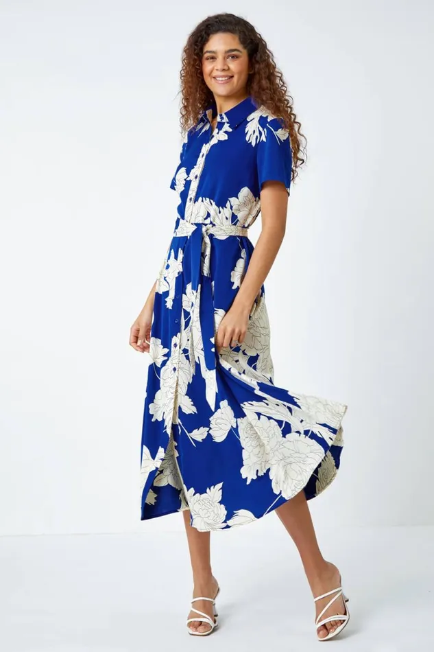 Women Royal Blue Contrast Floral Print Shirt Dress Roman Dresses