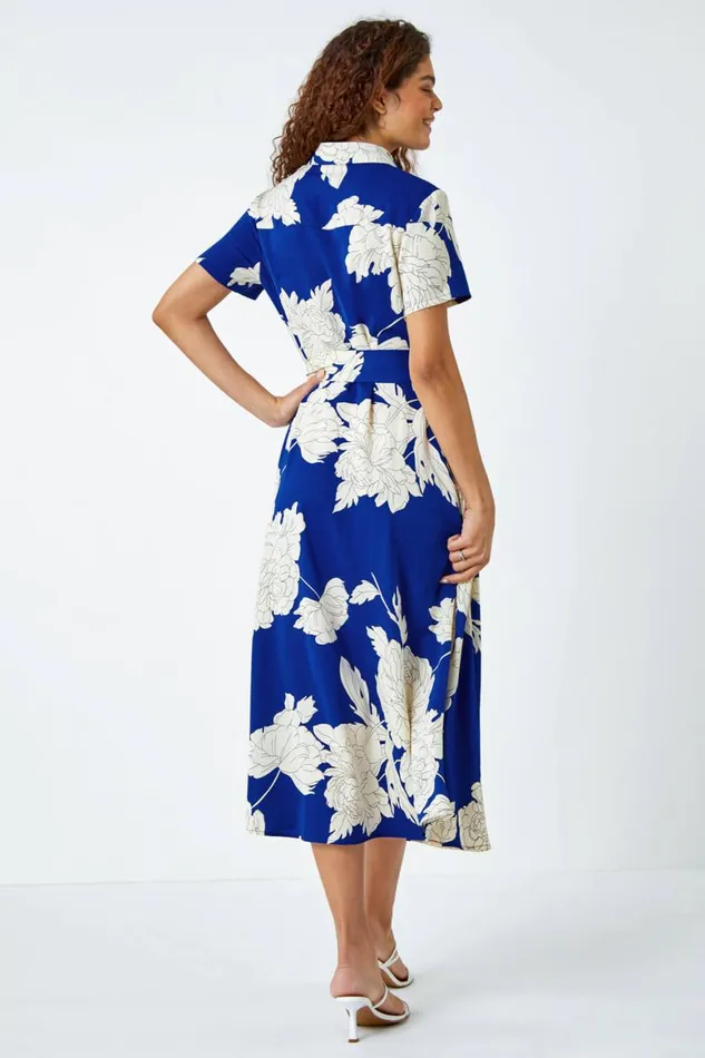 Women Royal Blue Contrast Floral Print Shirt Dress Roman Dresses