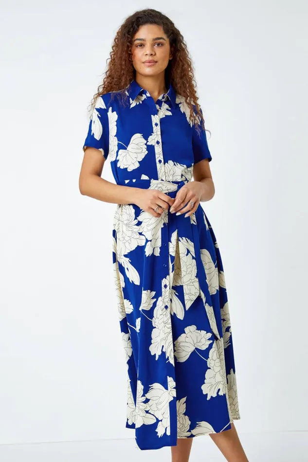 Women Royal Blue Contrast Floral Print Shirt Dress Roman Dresses