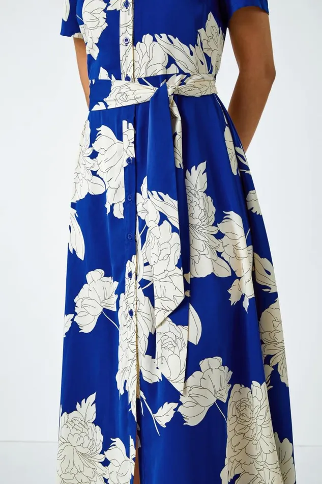 Women Royal Blue Contrast Floral Print Shirt Dress Roman Dresses