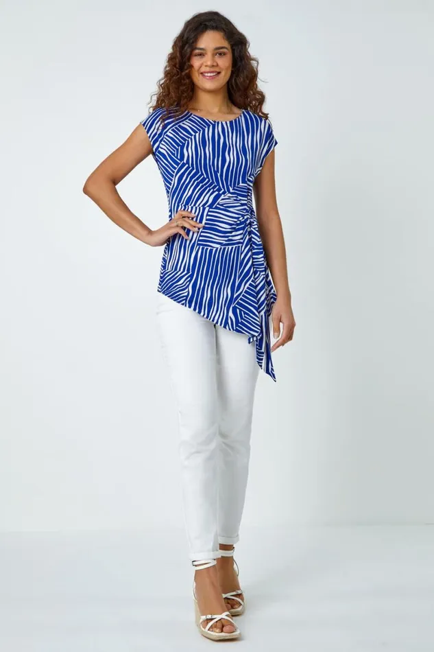 Women Royal Blue Contrast Stripe Asymmetric Stretch Tie Top Roman Tops