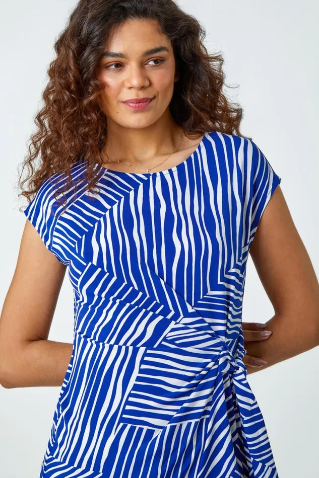 Women Royal Blue Contrast Stripe Asymmetric Stretch Tie Top Roman Tops