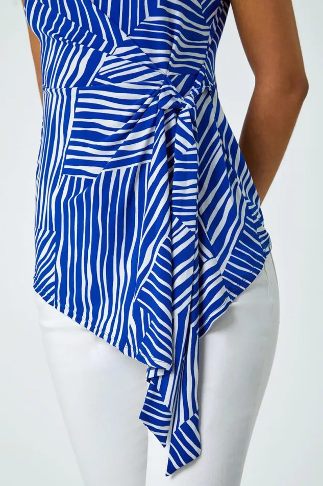 Women Royal Blue Contrast Stripe Asymmetric Stretch Tie Top Roman Tops