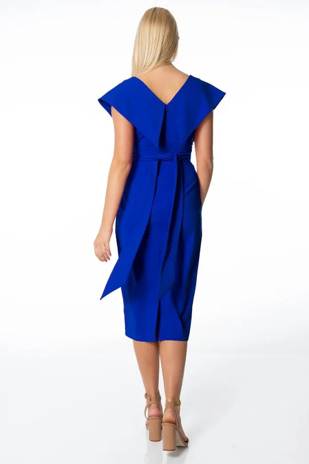 Women Royal Blue Cross Front Midi Dress Roman Dresses