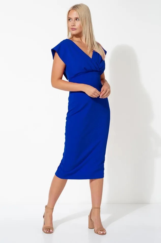 Women Royal Blue Cross Front Midi Dress Roman Dresses