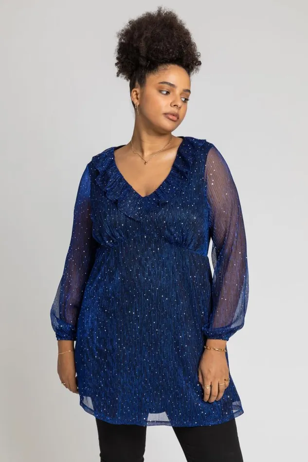 Women Royal Blue Curve Metallic Plisse Frill Neck Tunic Top Roman Tops