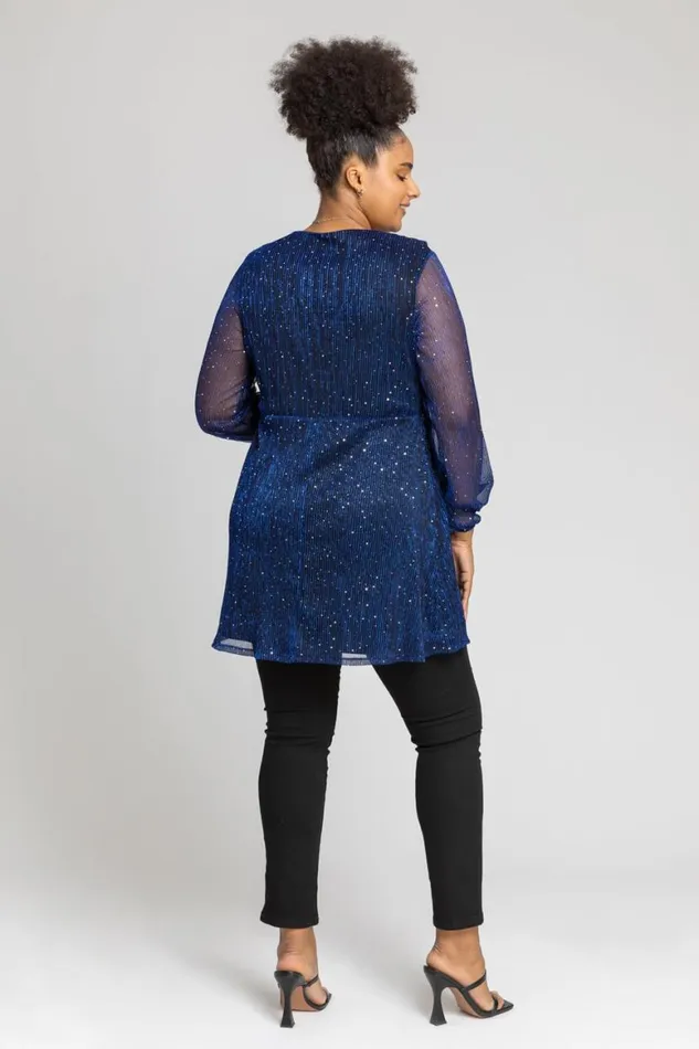 Women Royal Blue Curve Metallic Plisse Frill Neck Tunic Top Roman Tops