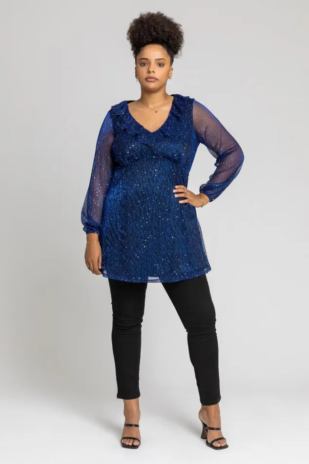 Women Royal Blue Curve Metallic Plisse Frill Neck Tunic Top Roman Tops