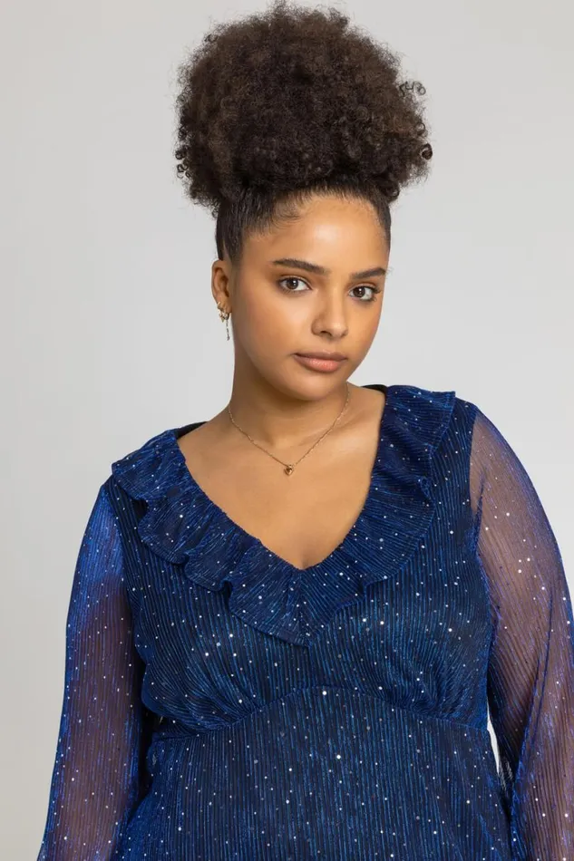 Women Royal Blue Curve Metallic Plisse Frill Neck Tunic Top Roman Tops