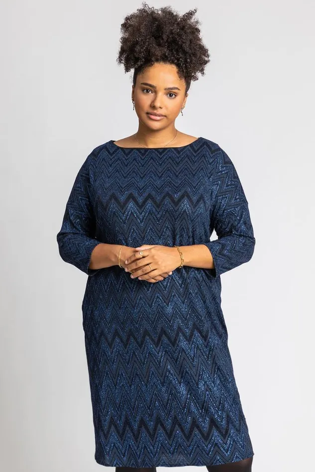 Women Royal Blue Curve Zig Zag Print Shift Dress Roman Dresses