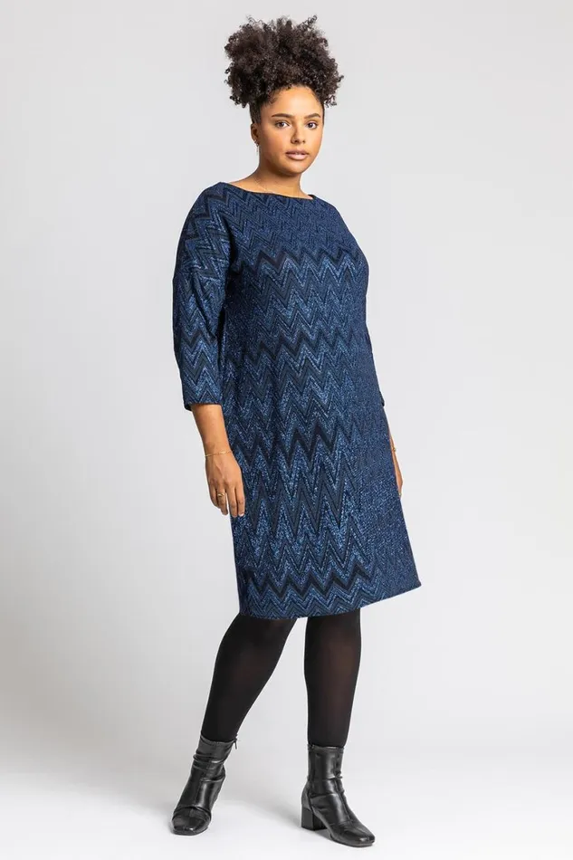 Women Royal Blue Curve Zig Zag Print Shift Dress Roman Dresses