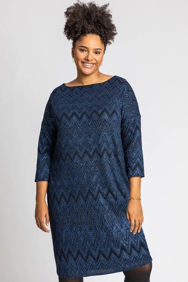 Women Royal Blue Curve Zig Zag Print Shift Dress Roman Dresses