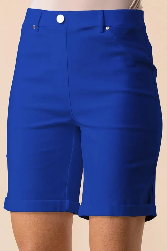 Women Royal Blue Elastic Waist Turn Up Stretch Shorts Roman Occasionwear