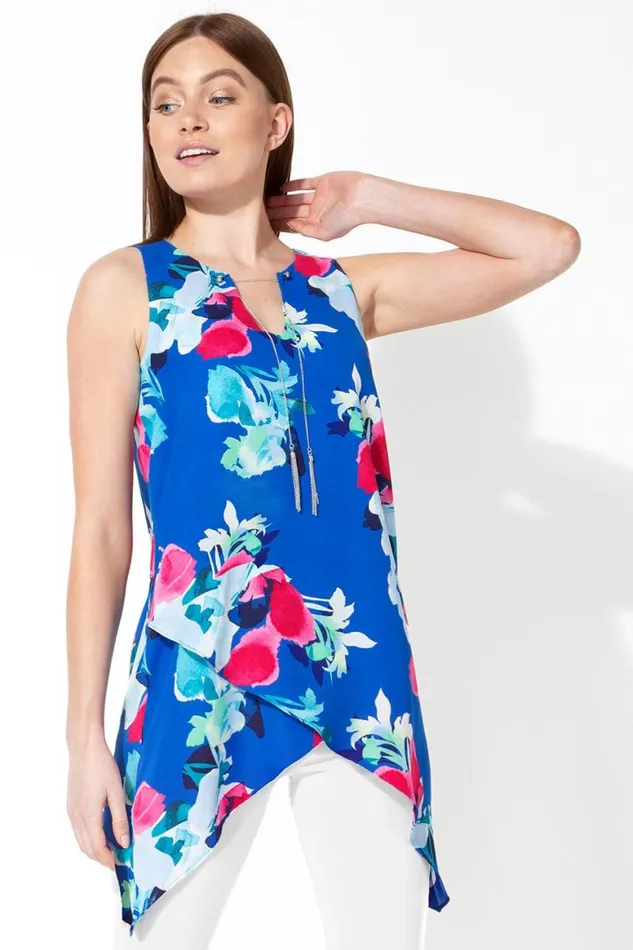 Women Royal Blue Floral Print Asymmetric Top With Necklace Roman Tops