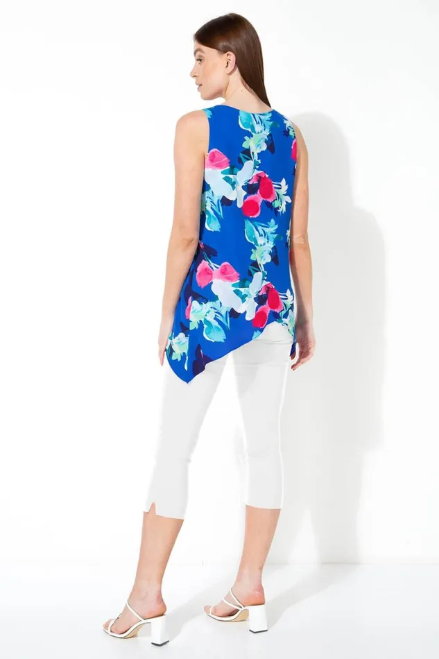 Women Royal Blue Floral Print Asymmetric Top With Necklace Roman Tops