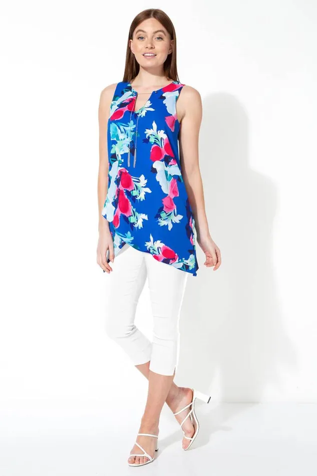 Women Royal Blue Floral Print Asymmetric Top With Necklace Roman Tops