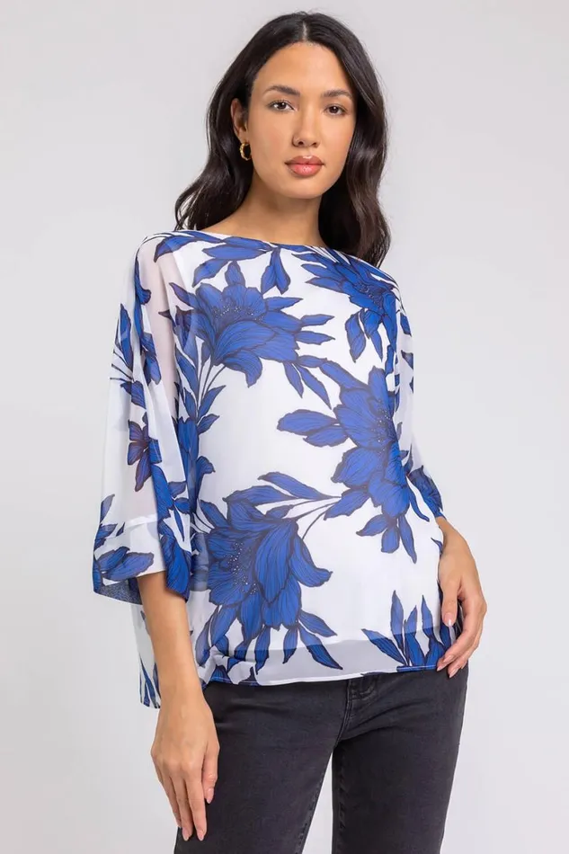 Women Royal Blue Floral Print Chiffon Overlay Top Roman Tops