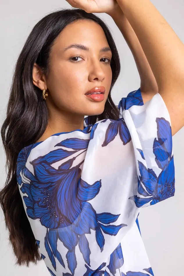 Women Royal Blue Floral Print Chiffon Overlay Top Roman Tops