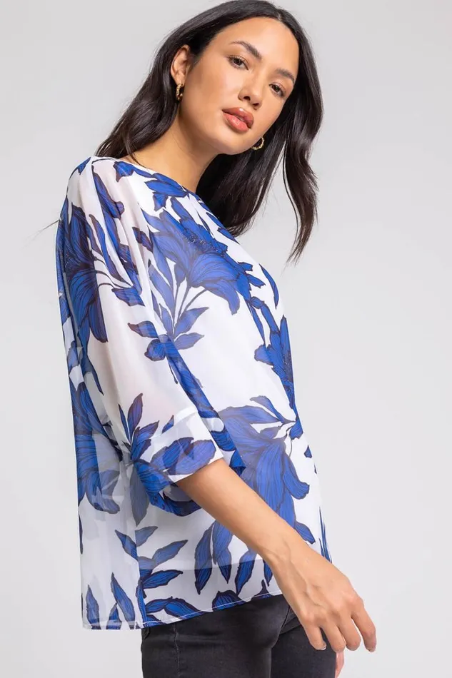 Women Royal Blue Floral Print Chiffon Overlay Top Roman Tops