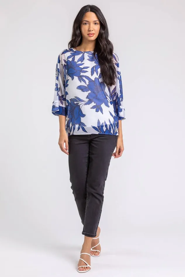 Women Royal Blue Floral Print Chiffon Overlay Top Roman Tops