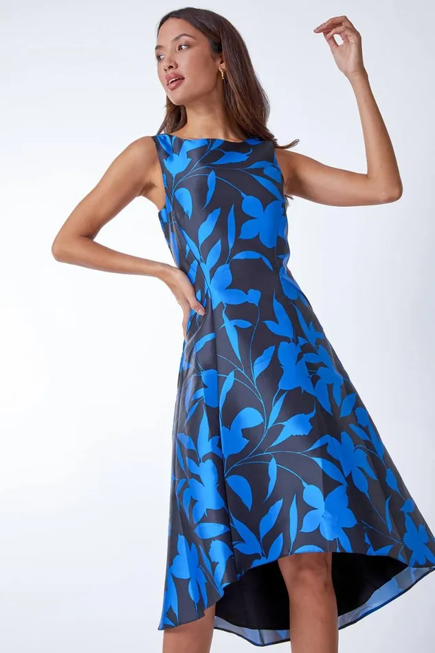Women Royal Blue Floral Print Dipped Hem Jacquard Dress Roman Dresses