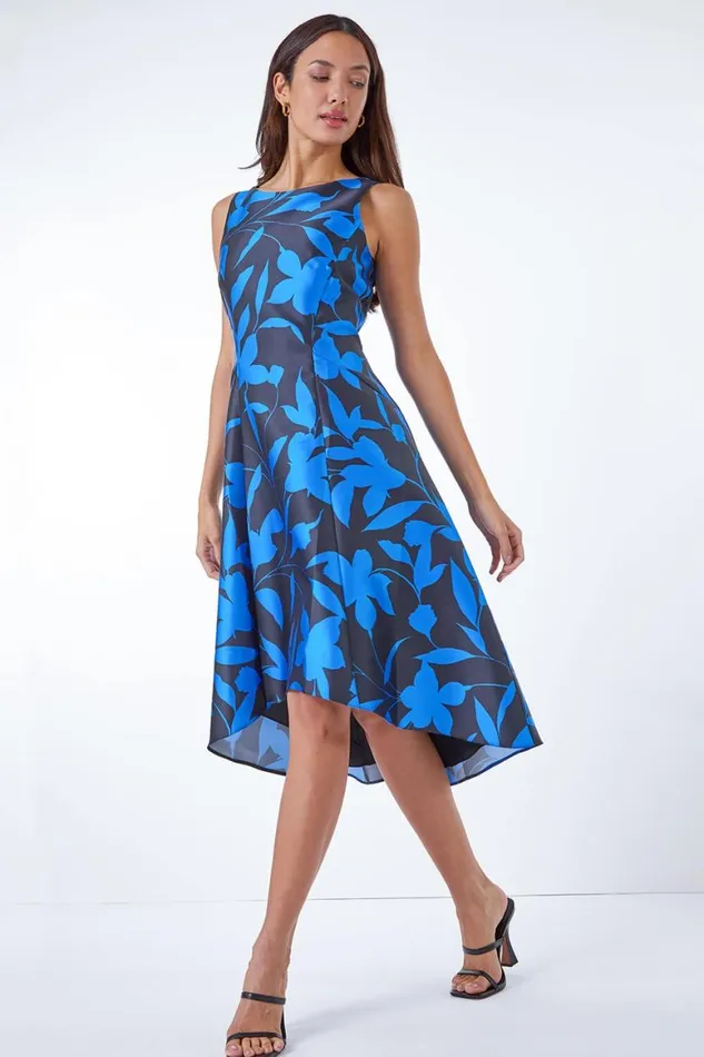 Women Royal Blue Floral Print Dipped Hem Jacquard Dress Roman Dresses