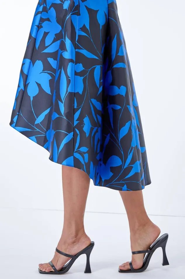 Women Royal Blue Floral Print Dipped Hem Jacquard Dress Roman Dresses