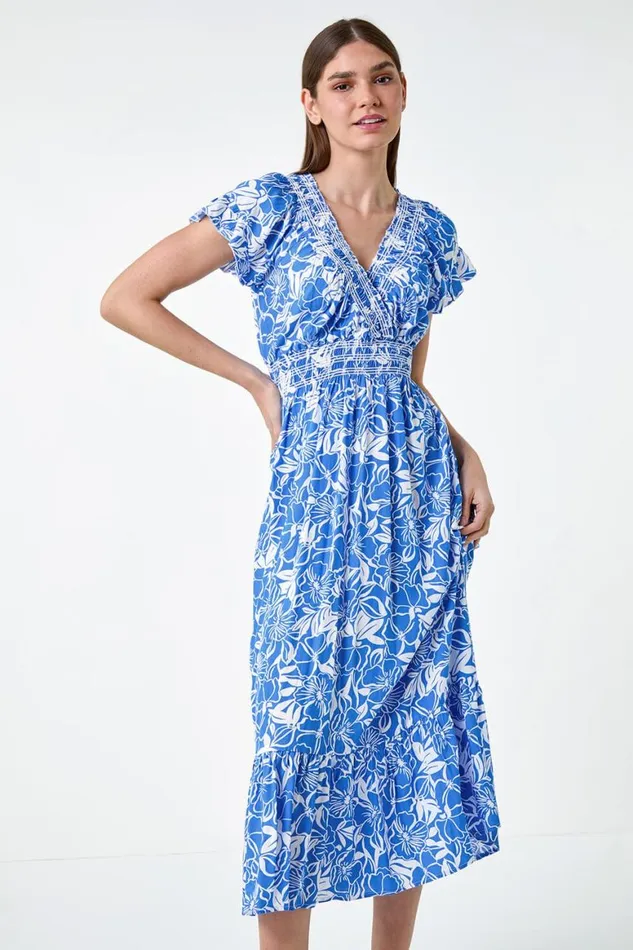 Women Royal Blue Floral Print Shirred Midi Dress Roman Dresses