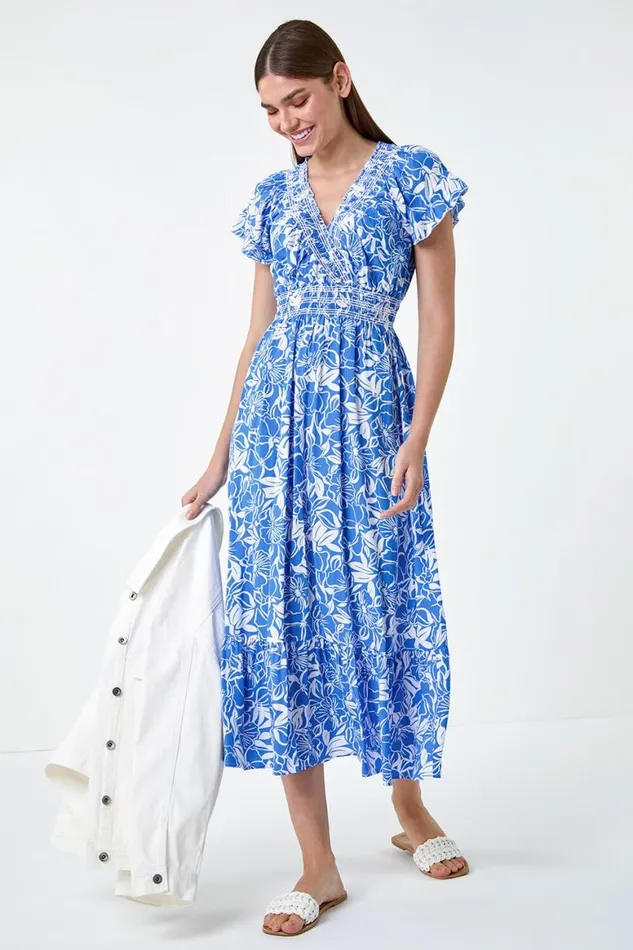 Women Royal Blue Floral Print Shirred Midi Dress Roman Dresses