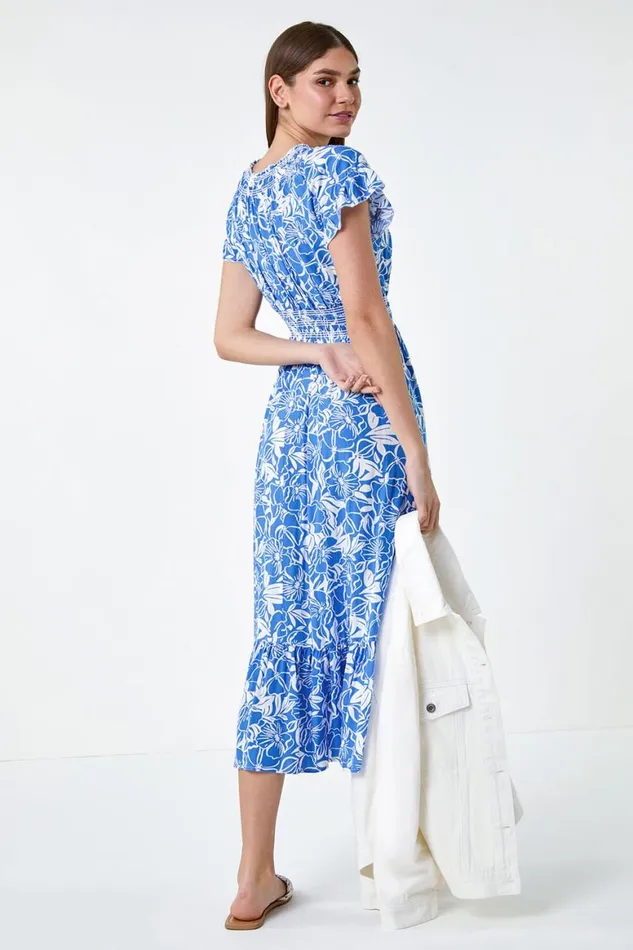 Women Royal Blue Floral Print Shirred Midi Dress Roman Dresses