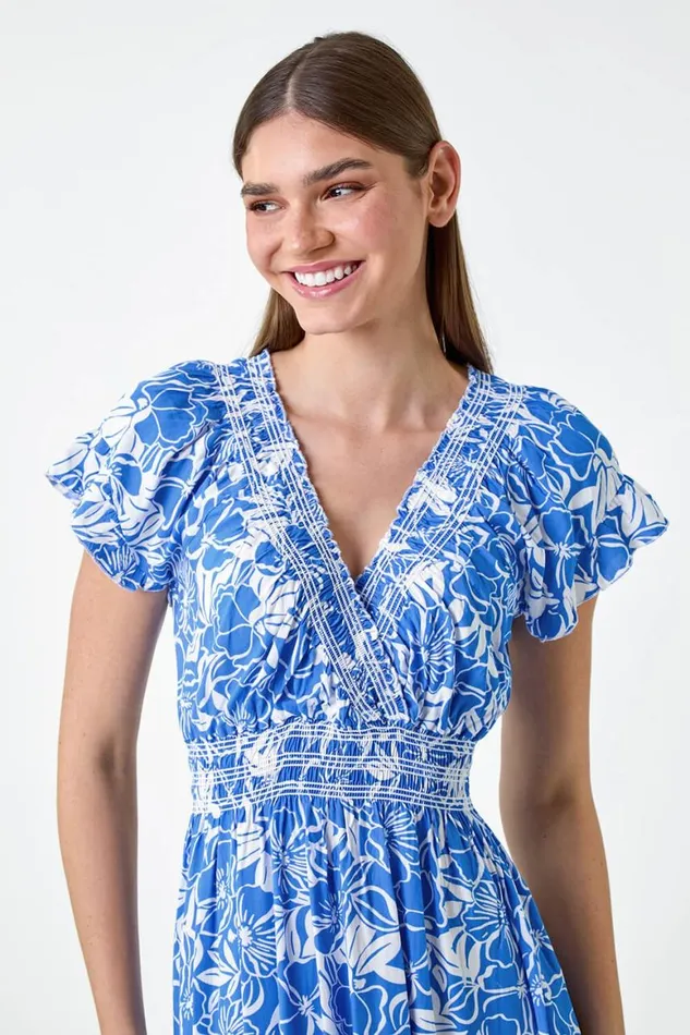 Women Royal Blue Floral Print Shirred Midi Dress Roman Dresses