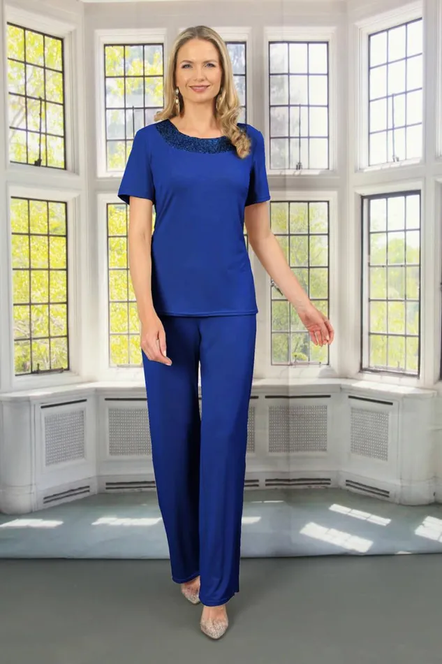 Women Royal Blue Julianna Jersey Stretch Wide Leg Trouser Roman Trousers