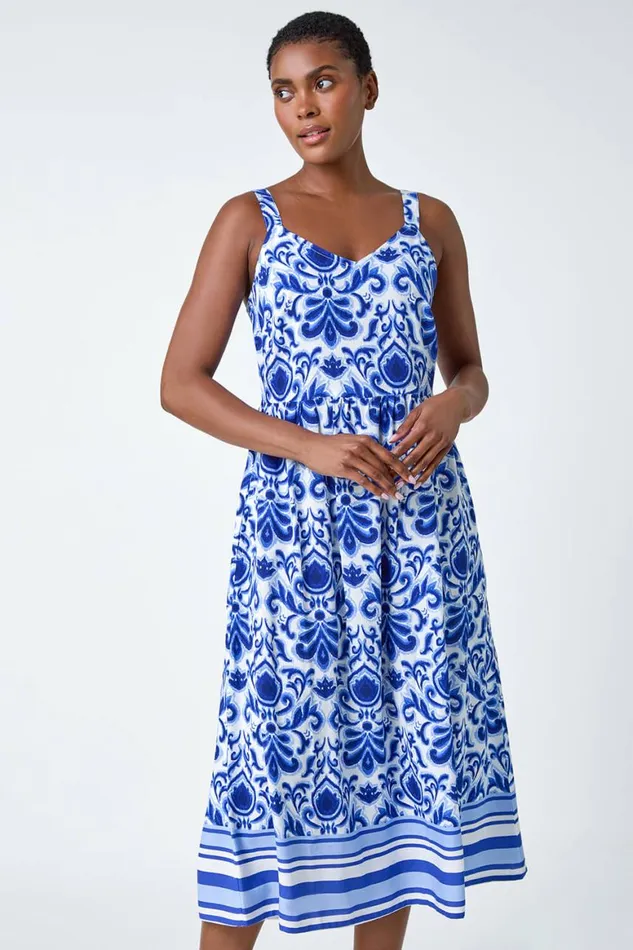Women Royal Blue Paisley Border Print Midi Dress Roman Dresses