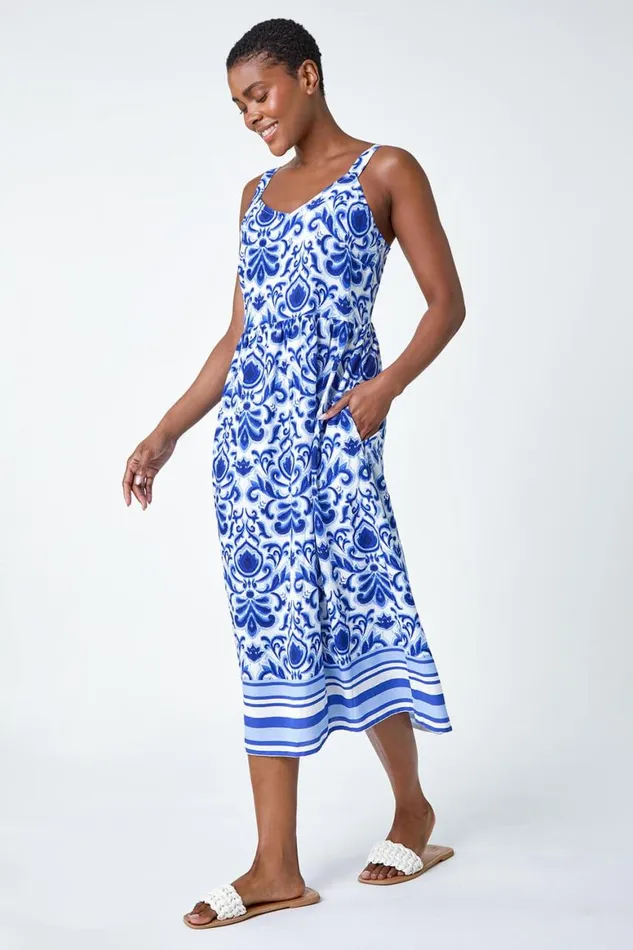 Women Royal Blue Paisley Border Print Midi Dress Roman Dresses