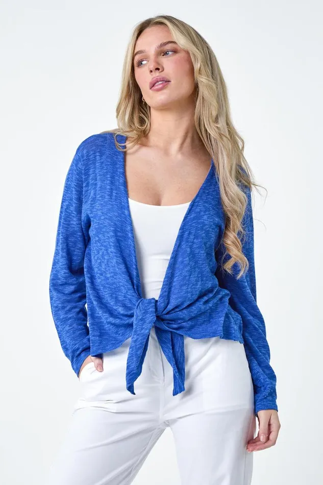Women Royal Blue Petite Waterfall Front Cotton Knit Cardigan Roman Knitwear