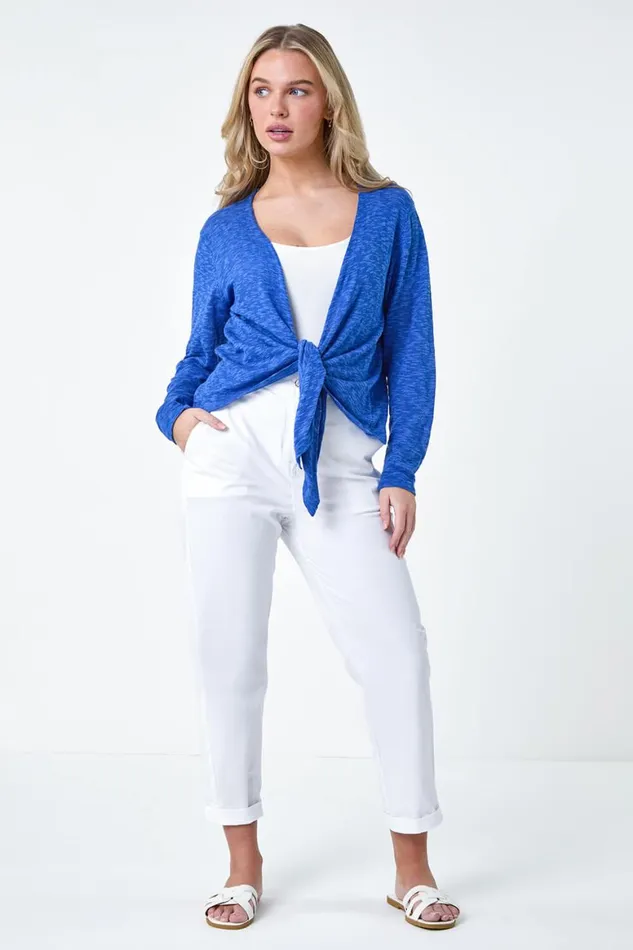 Women Royal Blue Petite Waterfall Front Cotton Knit Cardigan Roman Knitwear